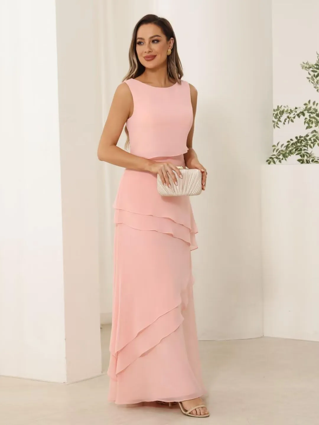 Womens 2 Pieces Chiffon Mother of The Bride Dress with Long Sleeve Jacket Long Formal Dress with Ruffles LN18