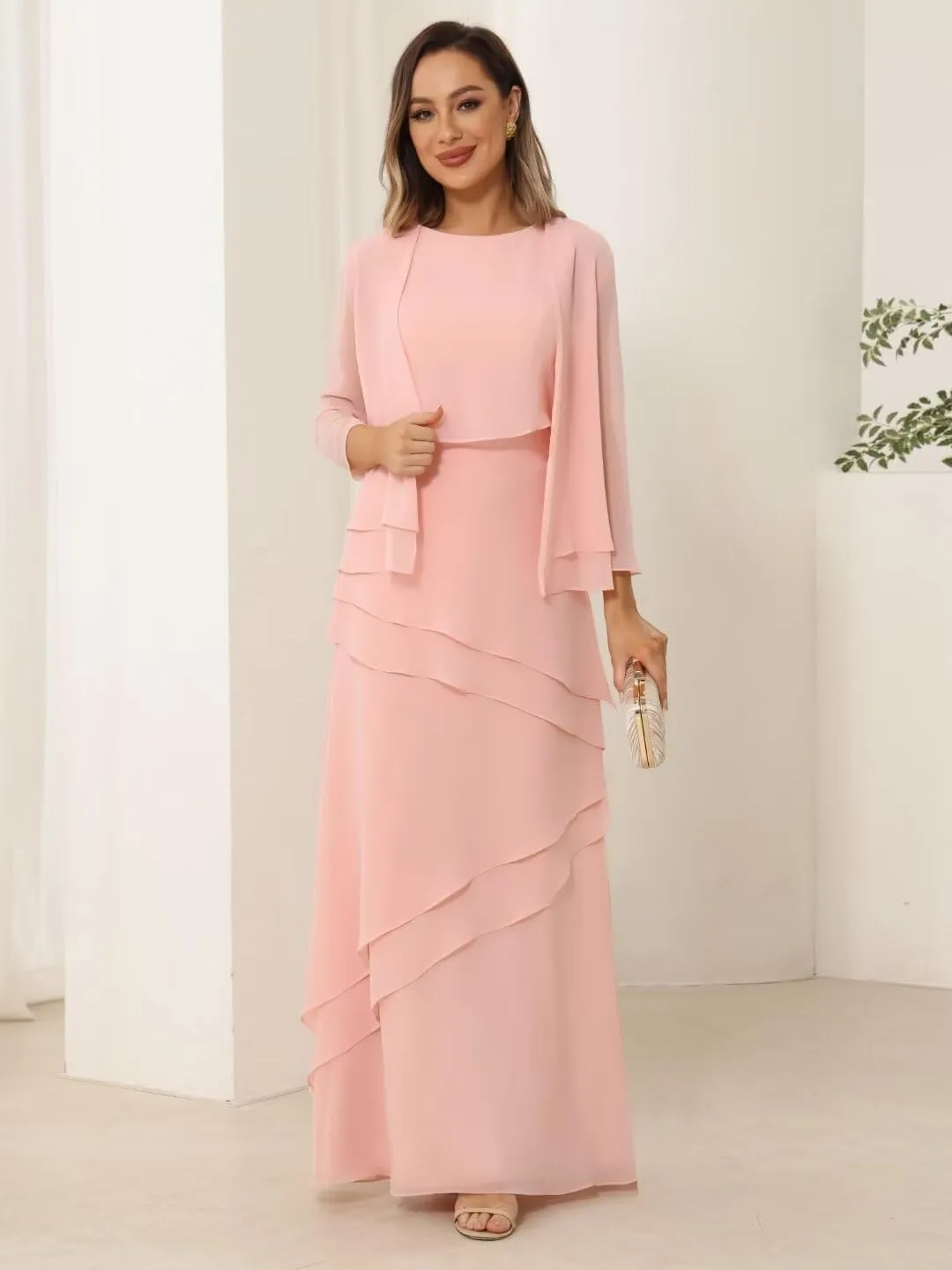 Womens 2 Pieces Chiffon Mother of The Bride Dress with Long Sleeve Jacket Long Formal Dress with Ruffles LN18