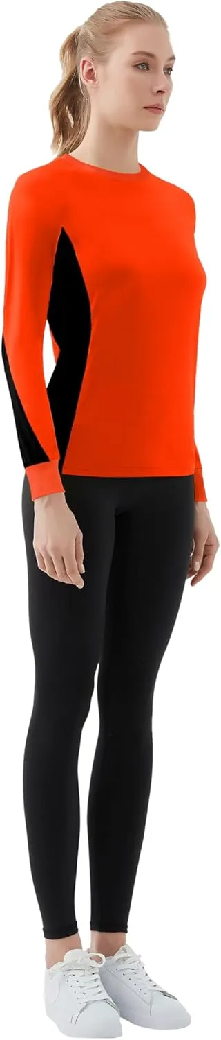 Women's 2-Tone Side Blocked Long Sleeve Crew Neck Slim Fit Active Stretch Shirt