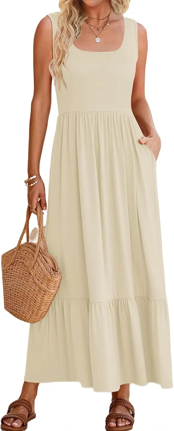 Women's 2024 Summer Maxi Dress Square Neck Pleated Sleeveless Sundress Flowy Swing Casual Beach Dresses with Pockets