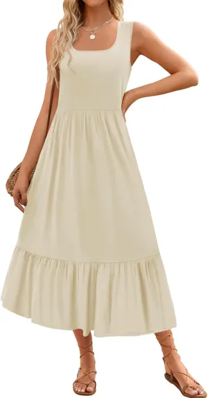 Women's 2024 Summer Maxi Dress Square Neck Pleated Sleeveless Sundress Flowy Swing Casual Beach Dresses with Pockets