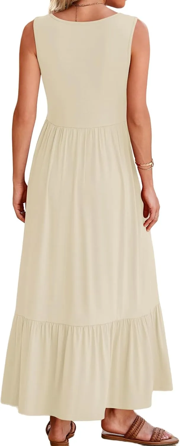 Women's 2024 Summer Maxi Dress Square Neck Pleated Sleeveless Sundress Flowy Swing Casual Beach Dresses with Pockets