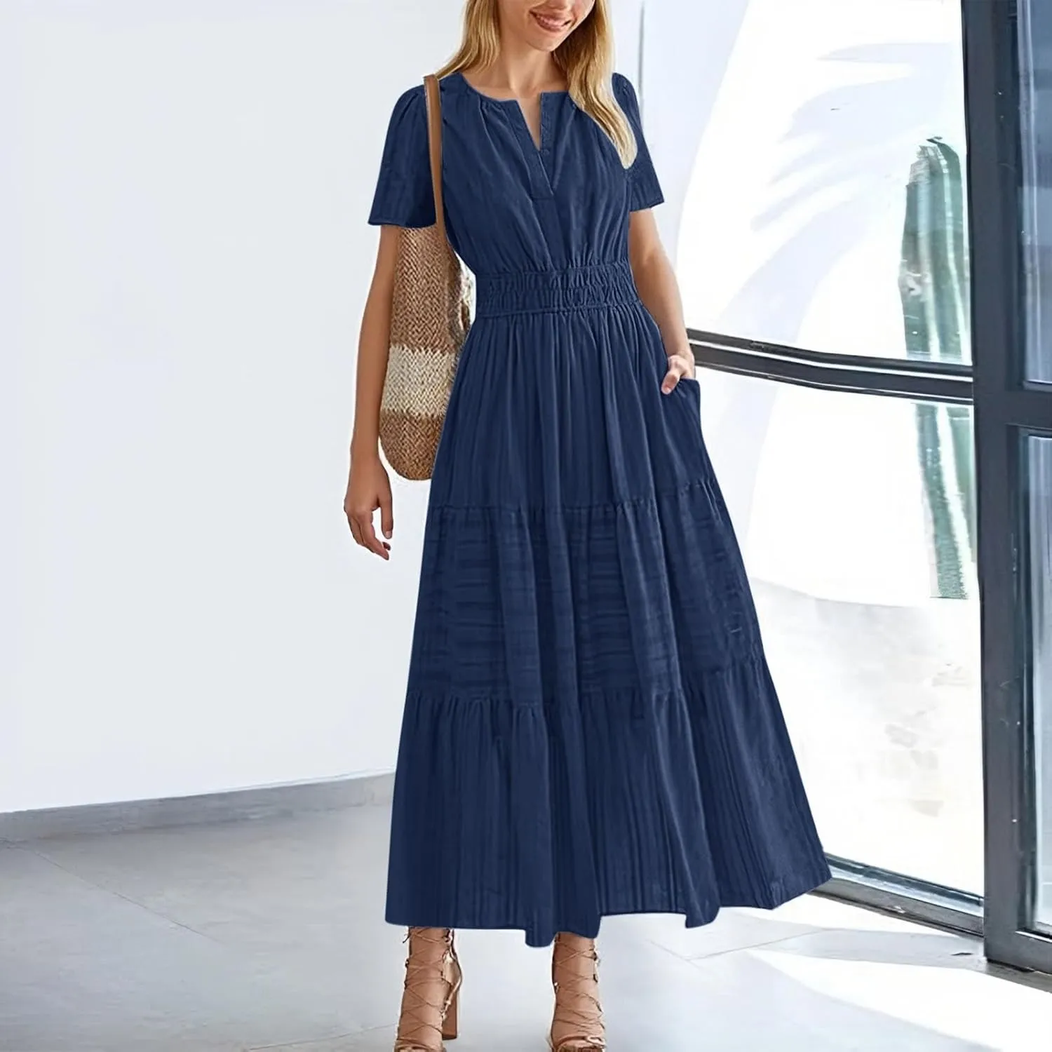 Womens 2025 Summer Puff Short Sleeve Midi Dress V Neck Floral Textured Ruffle Flowy Beach Party Dresses