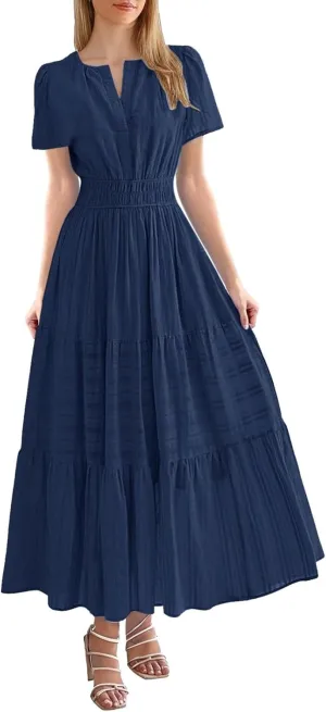 Womens 2025 Summer Puff Short Sleeve Midi Dress V Neck Floral Textured Ruffle Flowy Beach Party Dresses