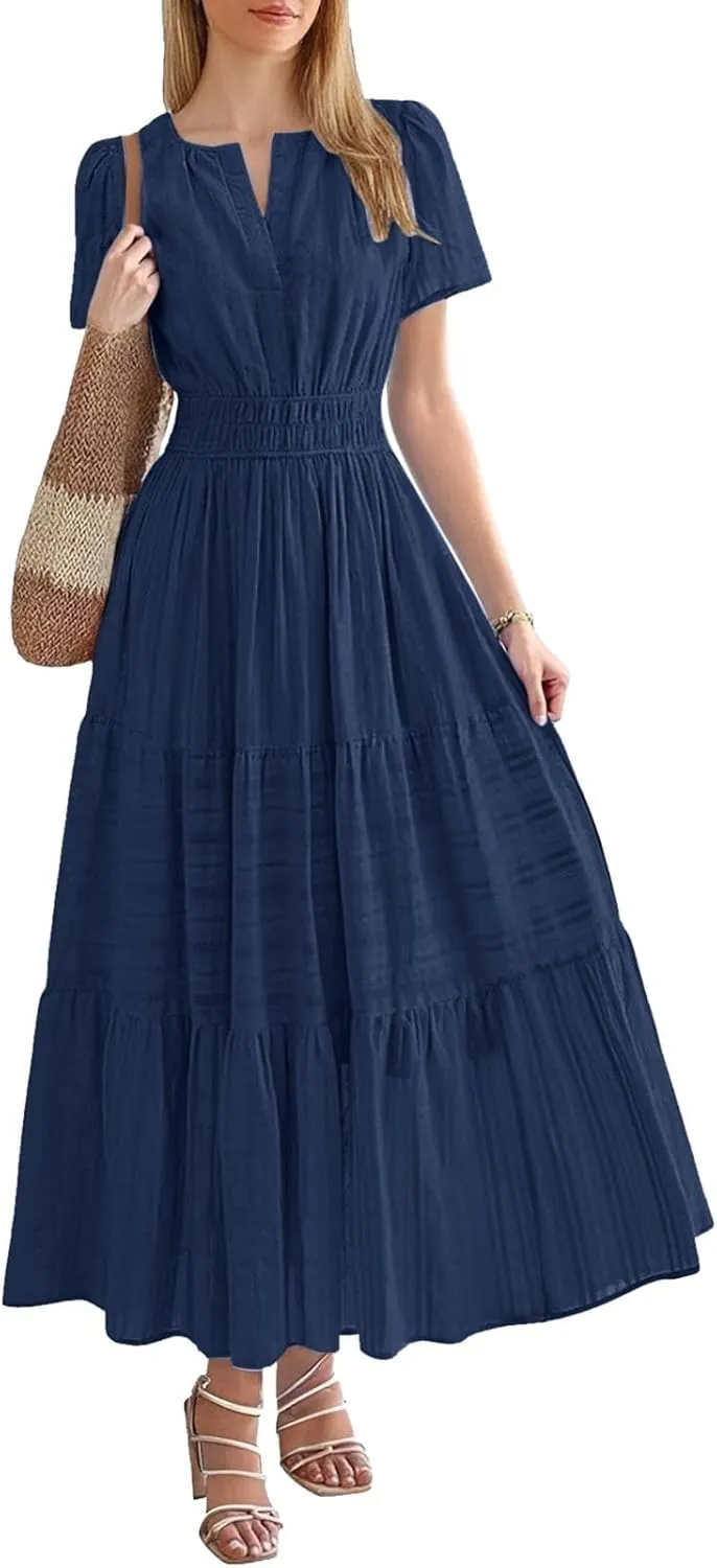 Womens 2025 Summer Puff Short Sleeve Midi Dress V Neck Floral Textured Ruffle Flowy Beach Party Dresses