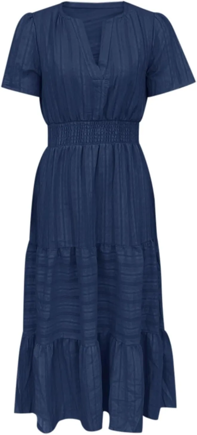 Womens 2025 Summer Puff Short Sleeve Midi Dress V Neck Floral Textured Ruffle Flowy Beach Party Dresses