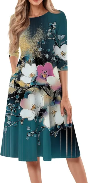 Women's 3/4 Sleeve Midi Dress Casual Round Neck Summer Dresses 2025 A Line Floral Print Curvy Dress with Pockets