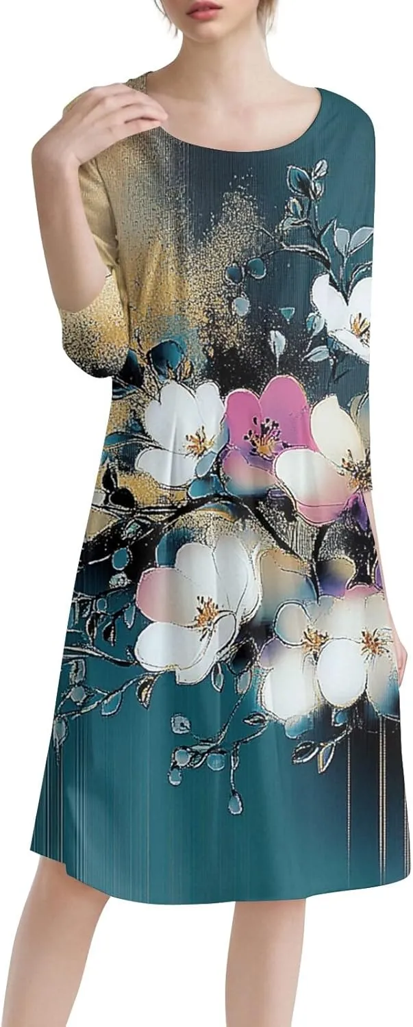 Women's 3/4 Sleeve Midi Dress Casual Round Neck Summer Dresses 2025 A Line Floral Print Curvy Dress with Pockets