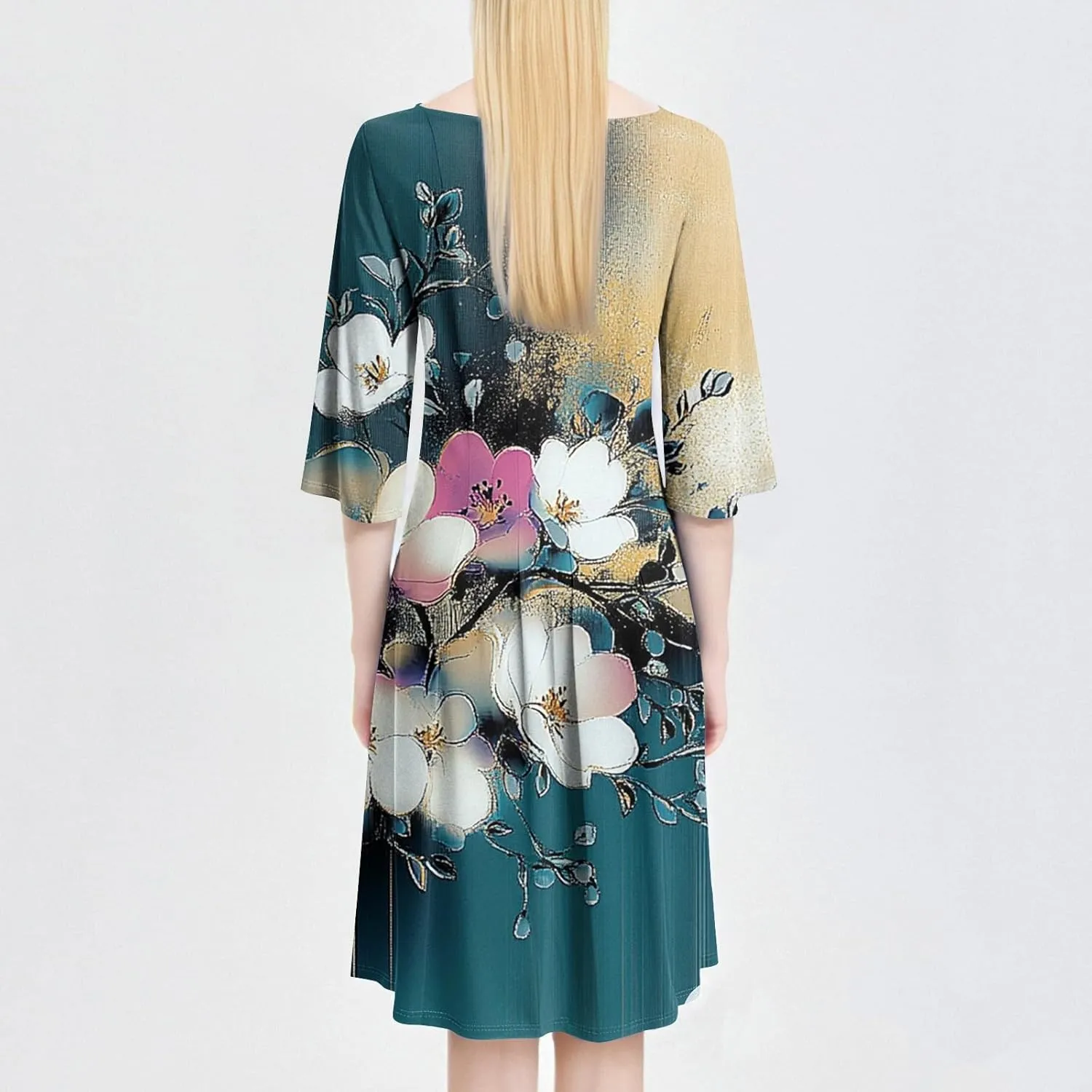 Women's 3/4 Sleeve Midi Dress Casual Round Neck Summer Dresses 2025 A Line Floral Print Curvy Dress with Pockets