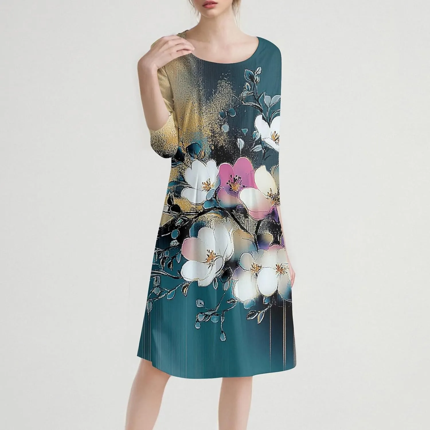 Women's 3/4 Sleeve Midi Dress Casual Round Neck Summer Dresses 2025 A Line Floral Print Curvy Dress with Pockets