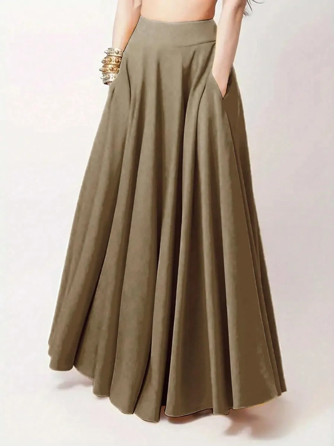 Women's Basic Casual Zipper Women's Solid Color Pleated Midi Skirt Loose High Waist Casual Skirts