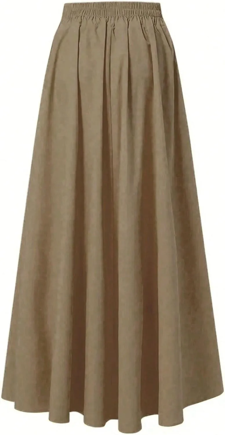 Women's Basic Casual Zipper Women's Solid Color Pleated Midi Skirt Loose High Waist Casual Skirts
