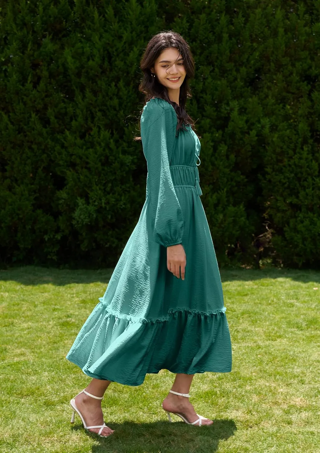 Women's Boho Maxi Dress 2025 Spring Long Puff Sleeve Square Neck A-Line Long Dress with Pockets Wedding Guest Dress