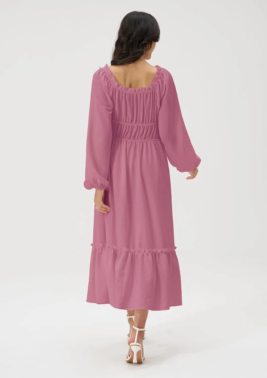 Women's Boho Maxi Dress 2025 Spring Long Puff Sleeve Square Neck A-Line Long Dress with Pockets Wedding Guest Dress