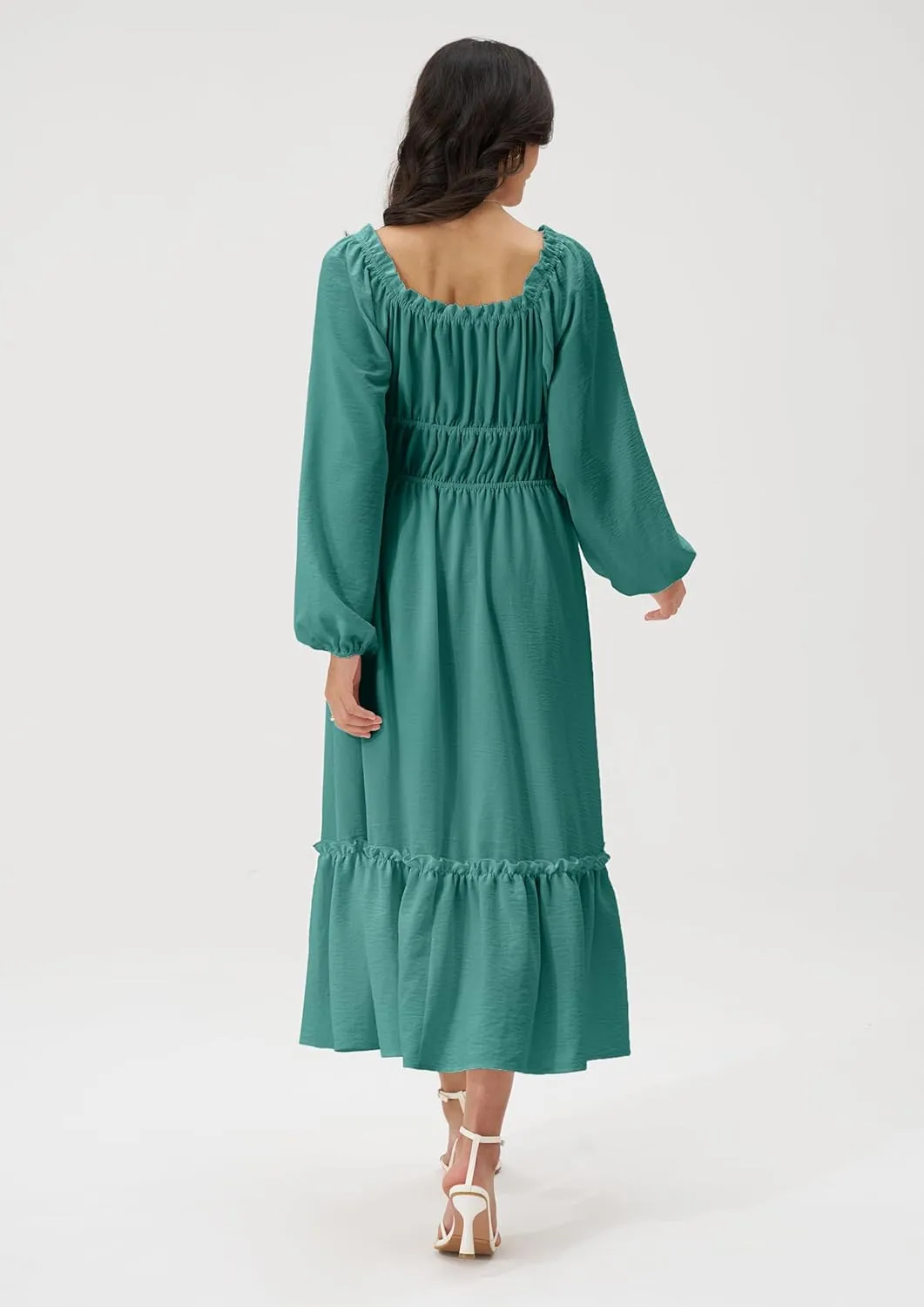 Women's Boho Maxi Dress 2025 Spring Long Puff Sleeve Square Neck A-Line Long Dress with Pockets Wedding Guest Dress