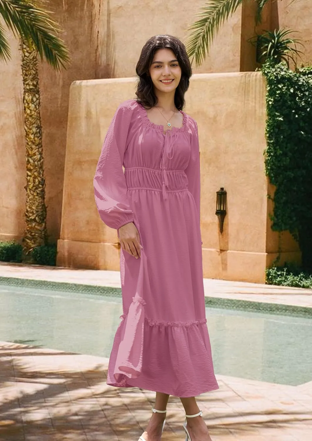 Women's Boho Maxi Dress 2025 Spring Long Puff Sleeve Square Neck A-Line Long Dress with Pockets Wedding Guest Dress