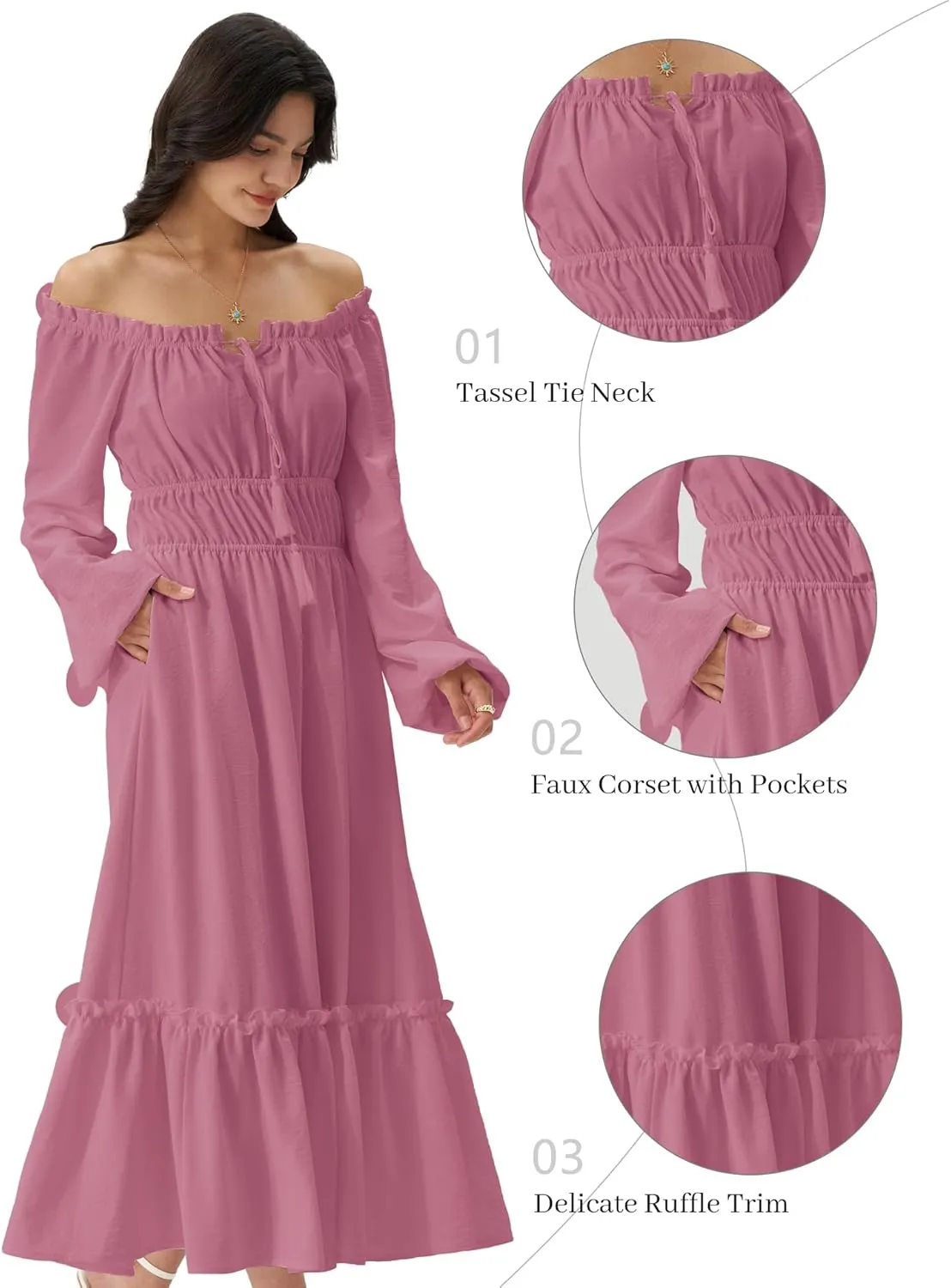 Women's Boho Maxi Dress 2025 Spring Long Puff Sleeve Square Neck A-Line Long Dress with Pockets Wedding Guest Dress