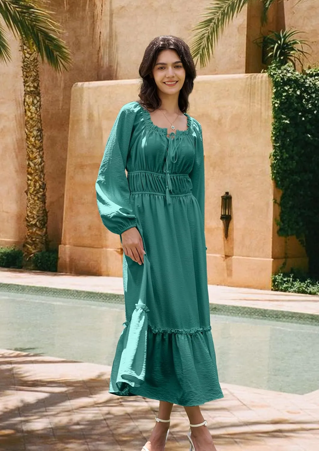 Women's Boho Maxi Dress 2025 Spring Long Puff Sleeve Square Neck A-Line Long Dress with Pockets Wedding Guest Dress
