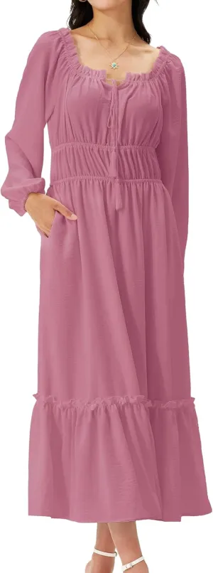 Women's Boho Maxi Dress 2025 Spring Long Puff Sleeve Square Neck A-Line Long Dress with Pockets Wedding Guest Dress