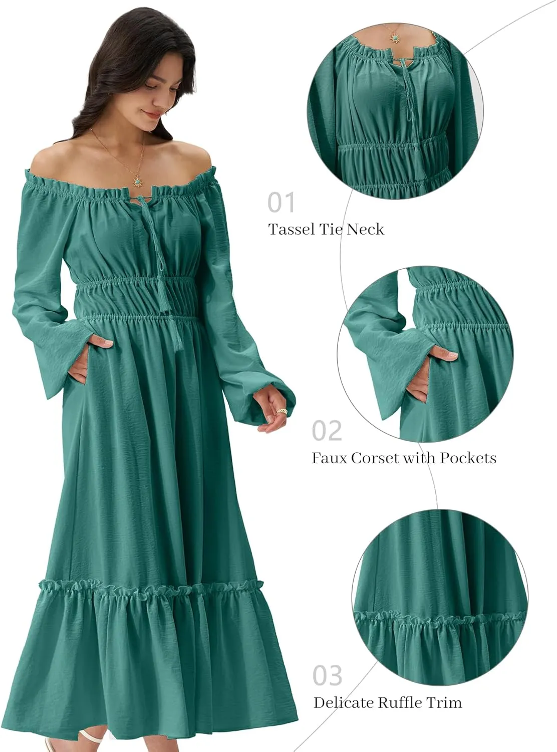 Women's Boho Maxi Dress 2025 Spring Long Puff Sleeve Square Neck A-Line Long Dress with Pockets Wedding Guest Dress