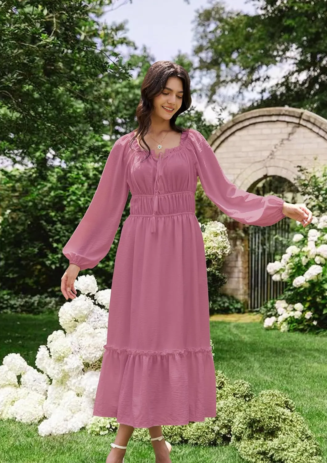 Women's Boho Maxi Dress 2025 Spring Long Puff Sleeve Square Neck A-Line Long Dress with Pockets Wedding Guest Dress