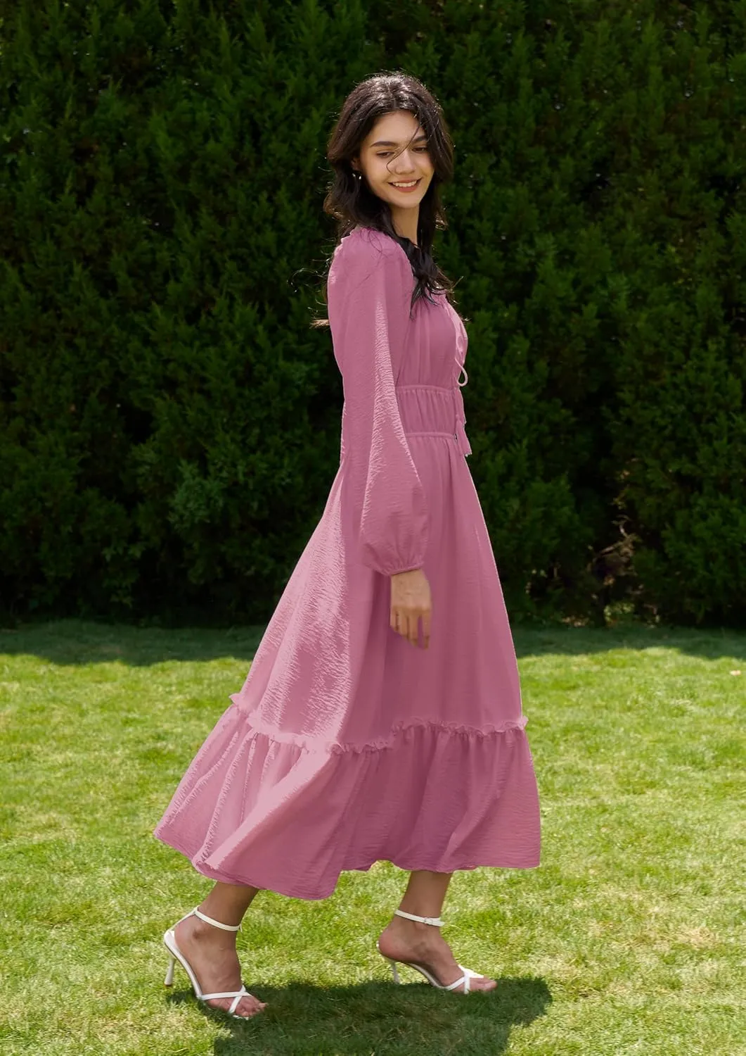 Women's Boho Maxi Dress 2025 Spring Long Puff Sleeve Square Neck A-Line Long Dress with Pockets Wedding Guest Dress