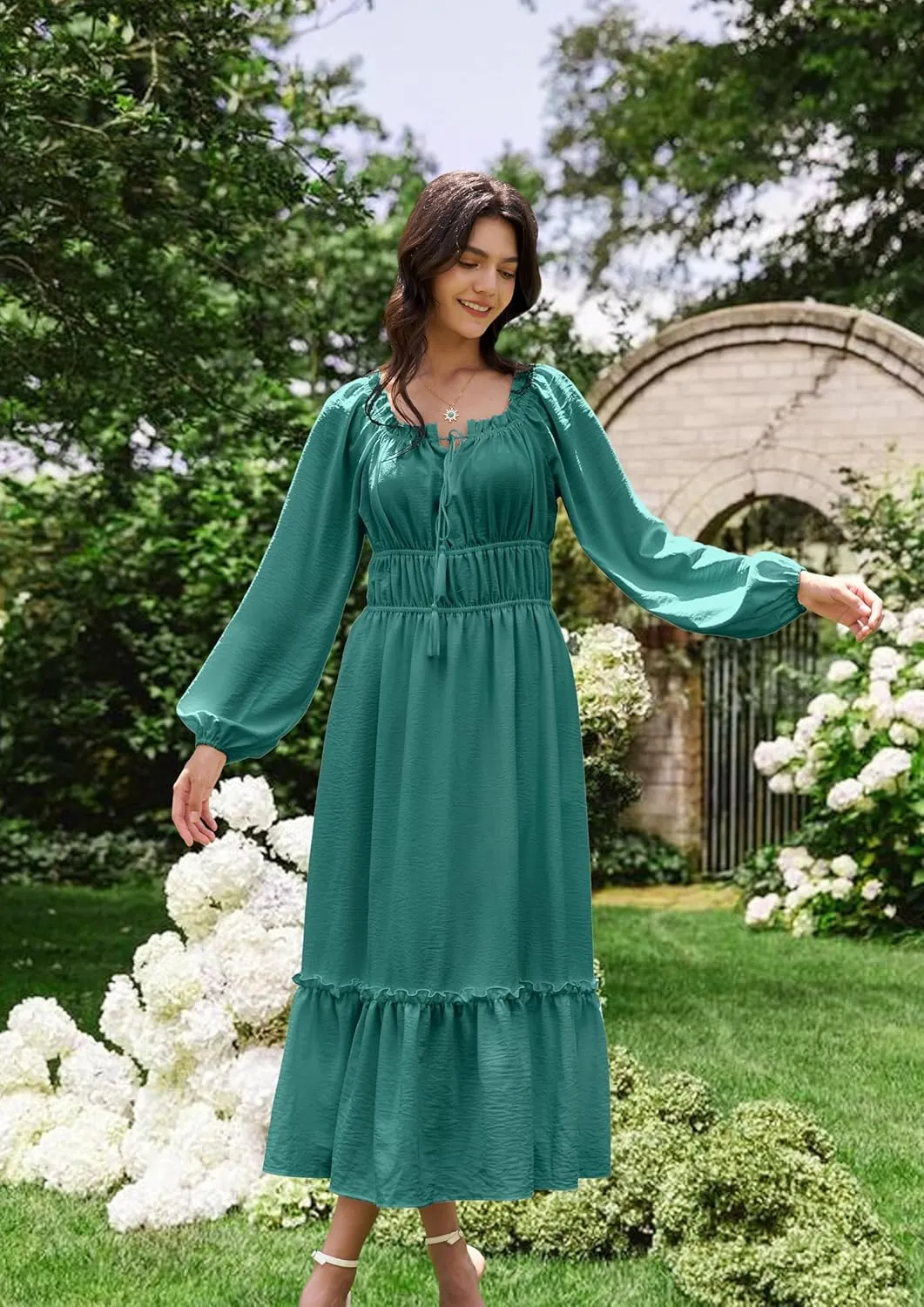 Women's Boho Maxi Dress 2025 Spring Long Puff Sleeve Square Neck A-Line Long Dress with Pockets Wedding Guest Dress