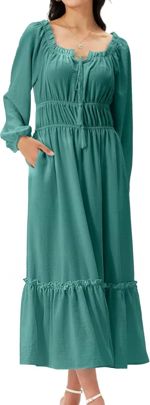 Women's Boho Maxi Dress 2025 Spring Long Puff Sleeve Square Neck A-Line Long Dress with Pockets Wedding Guest Dress
