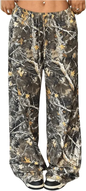 Women's Camo Pants Baggy Wide Leg Pants Camouflage Elastic Low Waist Loose Trousers Long Joggers Sweatpants Pockets