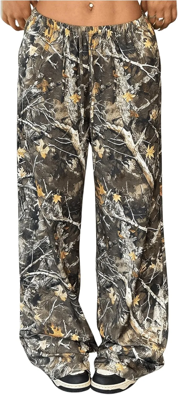 Women's Camo Pants Baggy Wide Leg Pants Camouflage Elastic Low Waist Loose Trousers Long Joggers Sweatpants Pockets