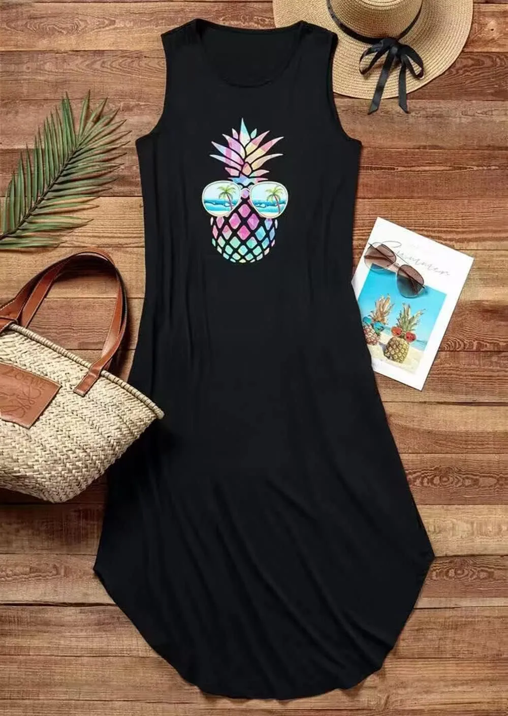 Women's Casual Loose Summer Long Sundress Colorful Pineapple Graphic Sleeveless Split Beach Maxi Dresses with Pockets