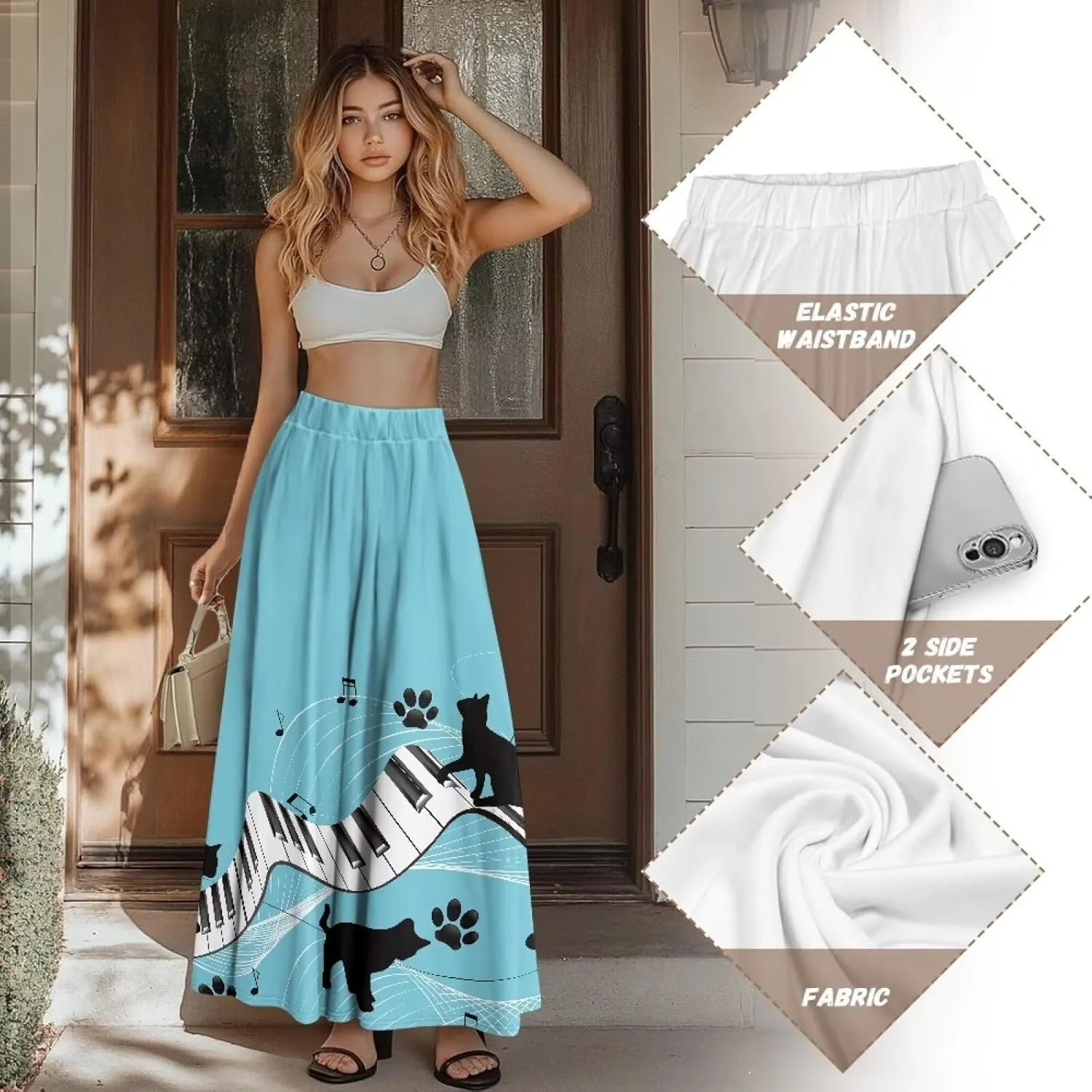 Women's Casual Skirt High Waiste Pleated Long Maxi Swing Skirt Party Vacation Bridesmaid Wedding Guest Dresses