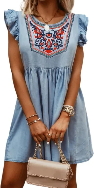 Women's Casual Summer Sundress Boho Short Sleeve Crew Neck Dress Embroidered Ruffle Floral Elegant Mini Swing Dress