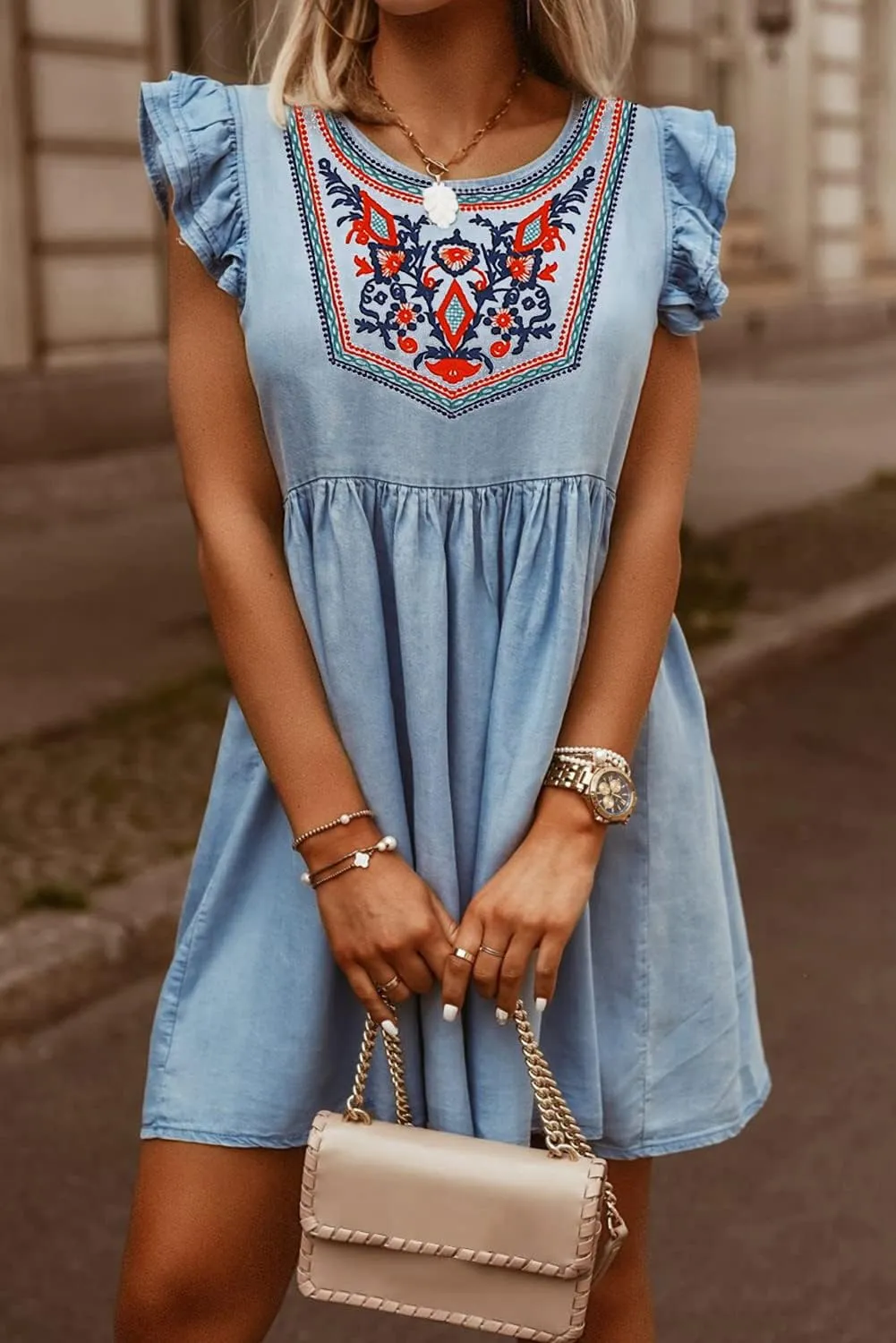Women's Casual Summer Sundress Boho Short Sleeve Crew Neck Dress Embroidered Ruffle Floral Elegant Mini Swing Dress