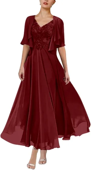 Women's Chiffon 2 Piece Mother of The Bride Dresses Tea Length Lace Applique A Line Formal Evening Dresses