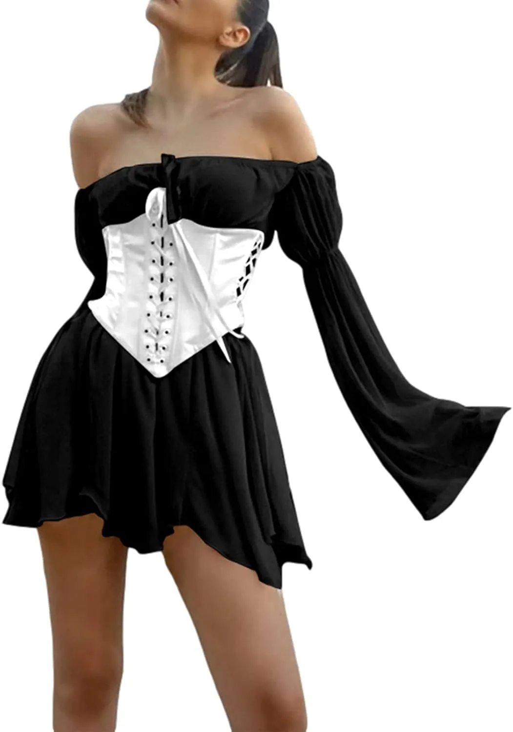 Women's Chiffon Off Shoulder Mini Dress Ruffle Lace Up Long Sleeve Flowy Mesh A-Line Short Dress Without Bustier