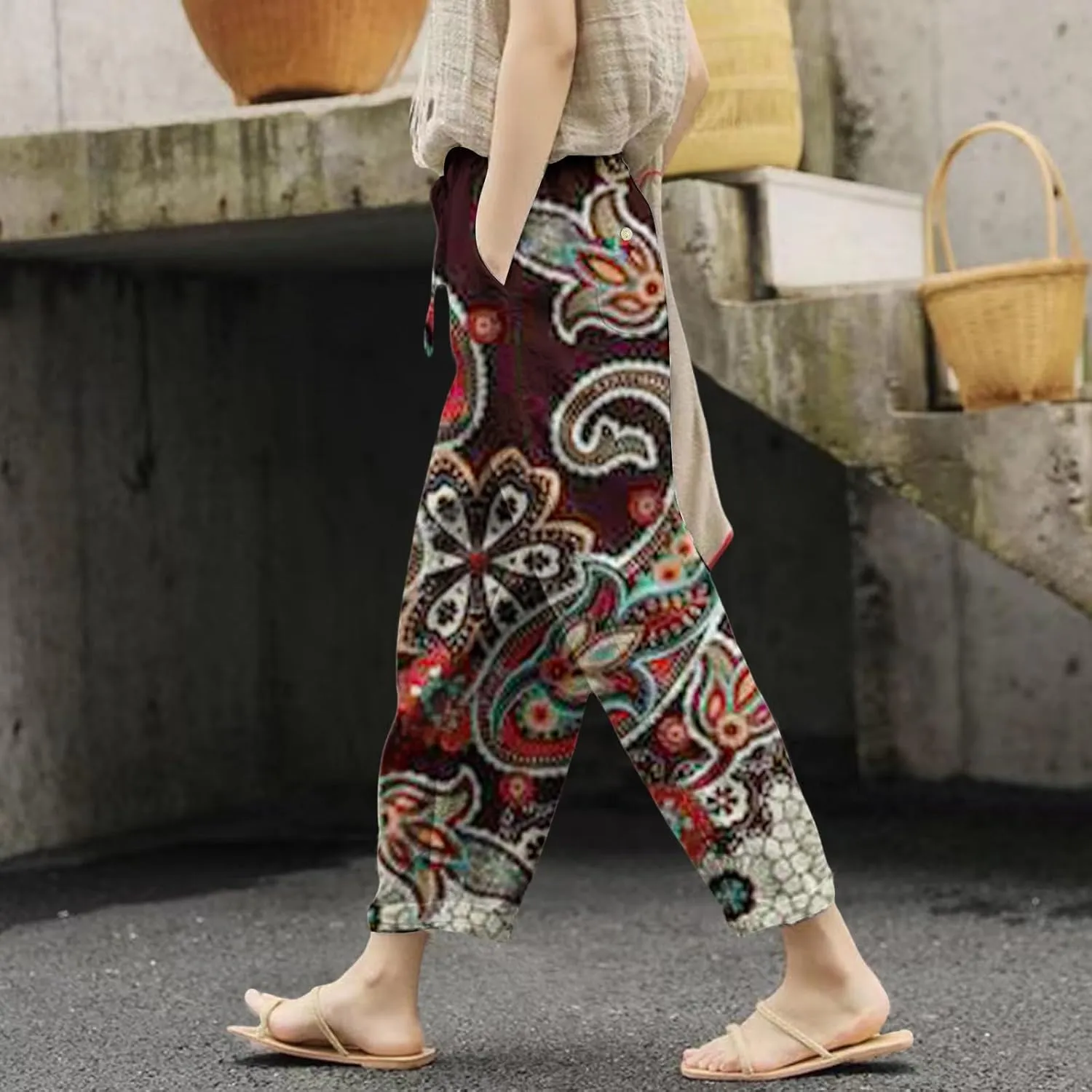 Women's Clothing Summer Casual Drawstring Pants Flowy Wide Leg Beach Trousers with Pockets Fleece Lined Leggings