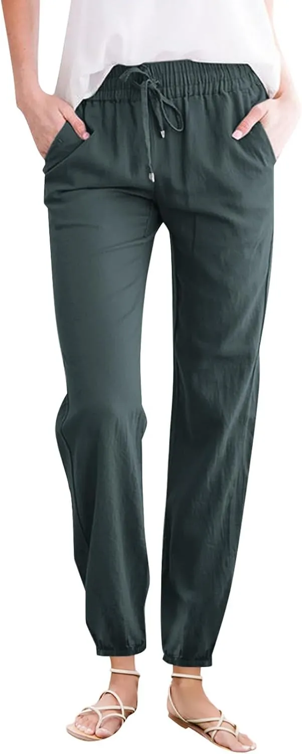 Women's Cotton Linen Pants High Waist Drawstring Elastic Pant Casual Slim Trousers with Pockets Summer Sweatpants