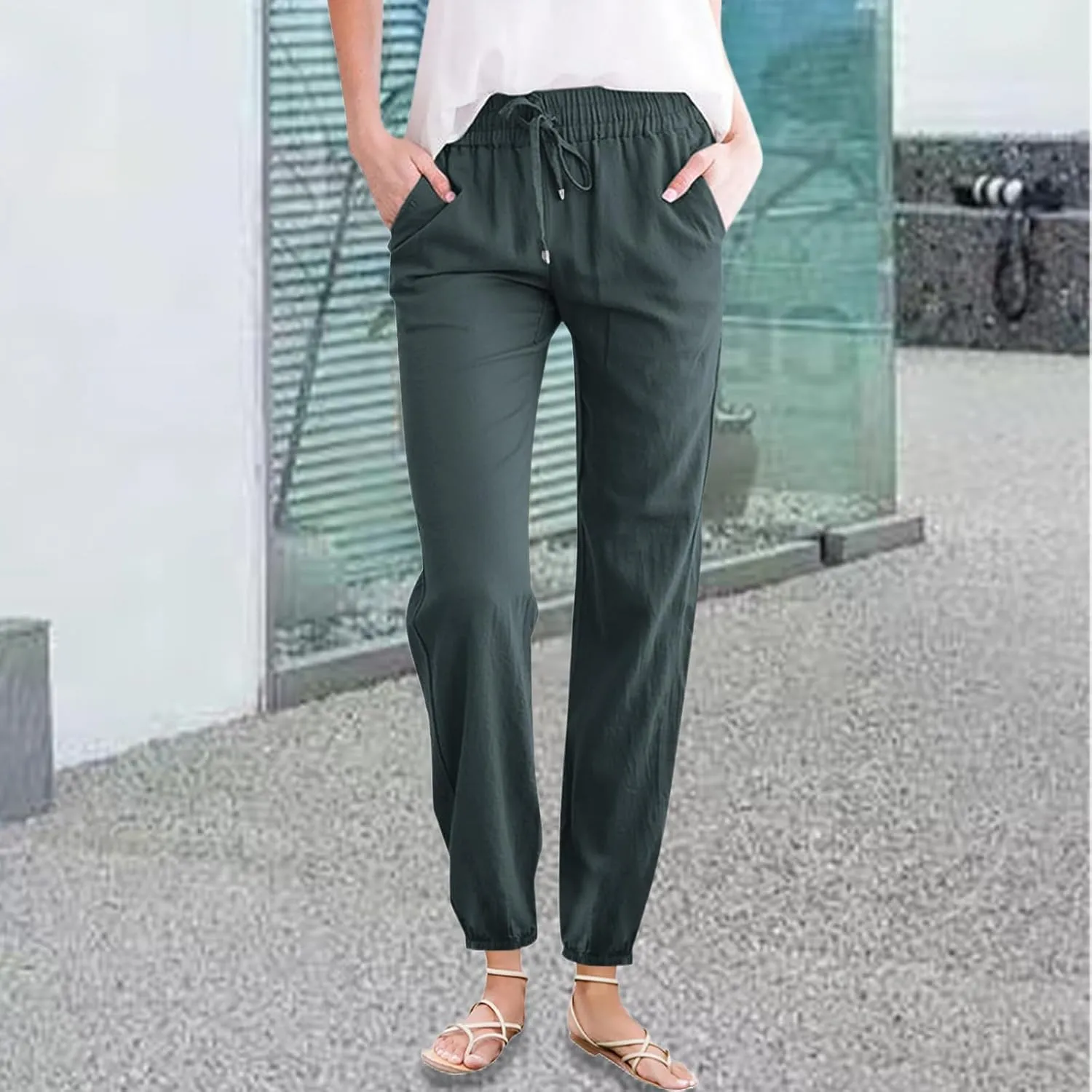 Women's Cotton Linen Pants High Waist Drawstring Elastic Pant Casual Slim Trousers with Pockets Summer Sweatpants