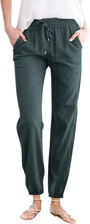 Women's Cotton Linen Pants High Waist Drawstring Elastic Pant Casual Slim Trousers with Pockets Summer Sweatpants