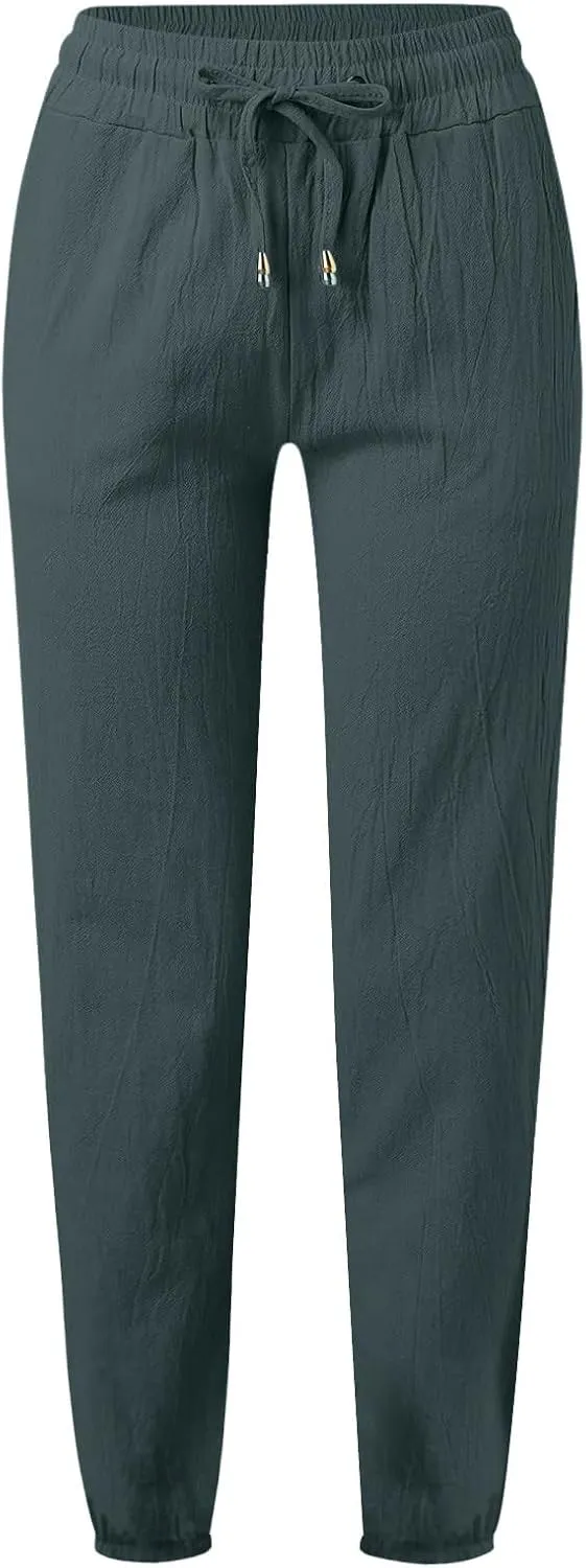 Women's Cotton Linen Pants High Waist Drawstring Elastic Pant Casual Slim Trousers with Pockets Summer Sweatpants