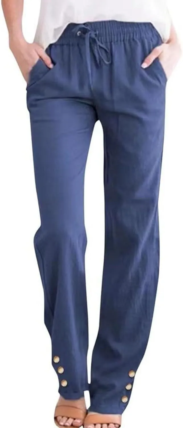 Womens Cotton Linen Pants Summer Casual Loose Trousers with Pockets Drawstring Button Wide Leg Pants for Women