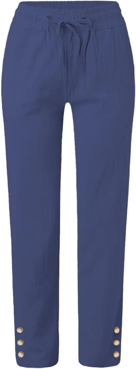 Womens Cotton Linen Pants Summer Casual Loose Trousers with Pockets Drawstring Button Wide Leg Pants for Women