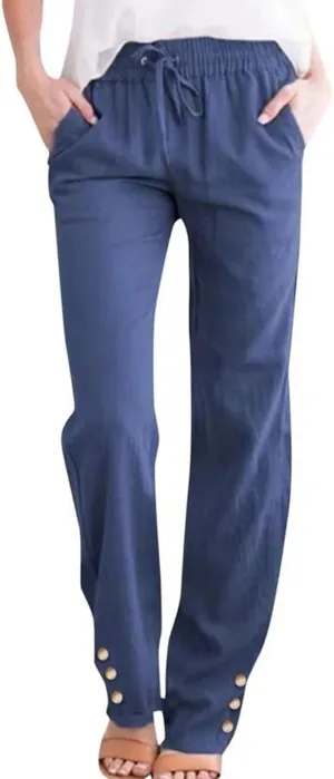 Womens Cotton Linen Pants Summer Casual Loose Trousers with Pockets Drawstring Button Wide Leg Pants for Women