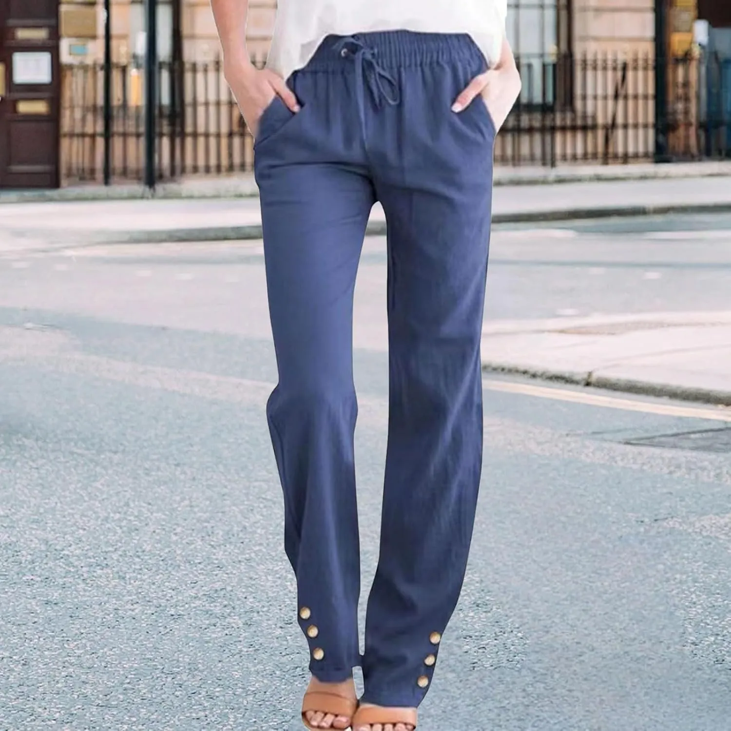 Womens Cotton Linen Pants Summer Casual Loose Trousers with Pockets Drawstring Button Wide Leg Pants for Women