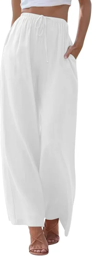 Womens Cotton Linen Summer Palazzo Pants Wide Leg Beach Flowy Trousers Drawstring Elastic Waist Slacks with Pockets