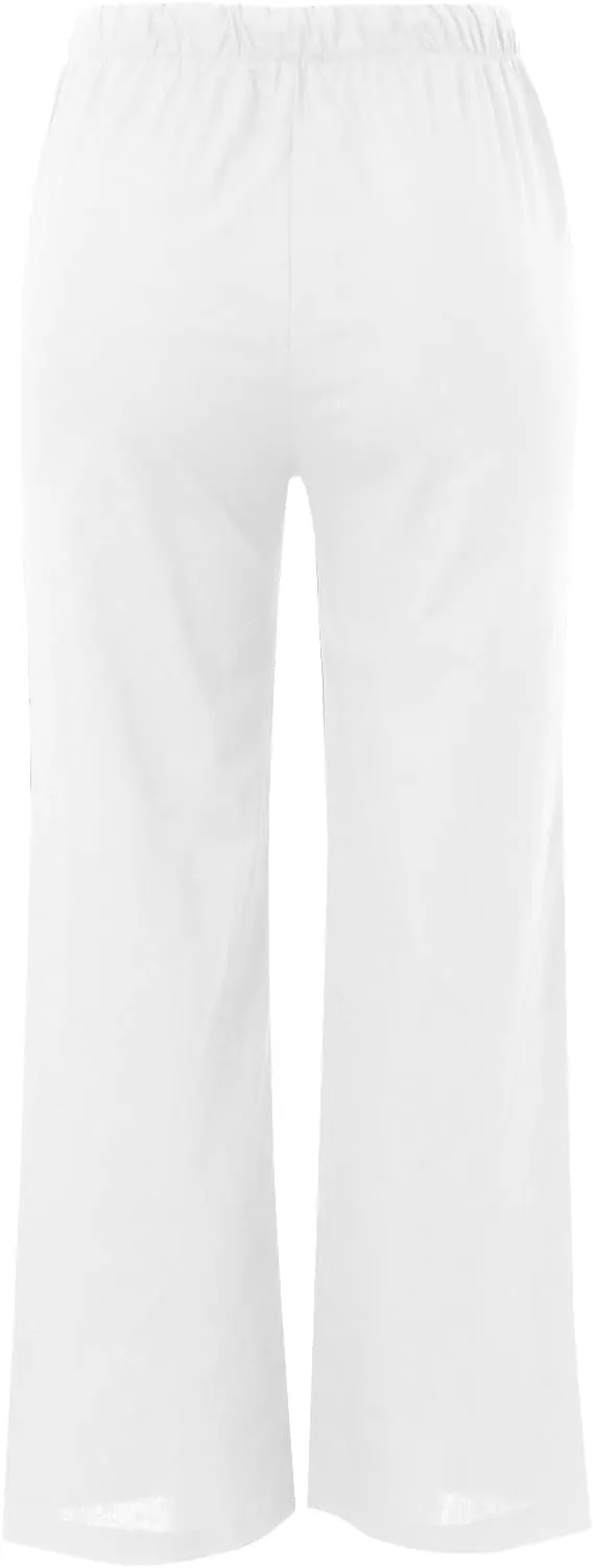 Womens Cotton Linen Summer Palazzo Pants Wide Leg Beach Flowy Trousers Drawstring Elastic Waist Slacks with Pockets