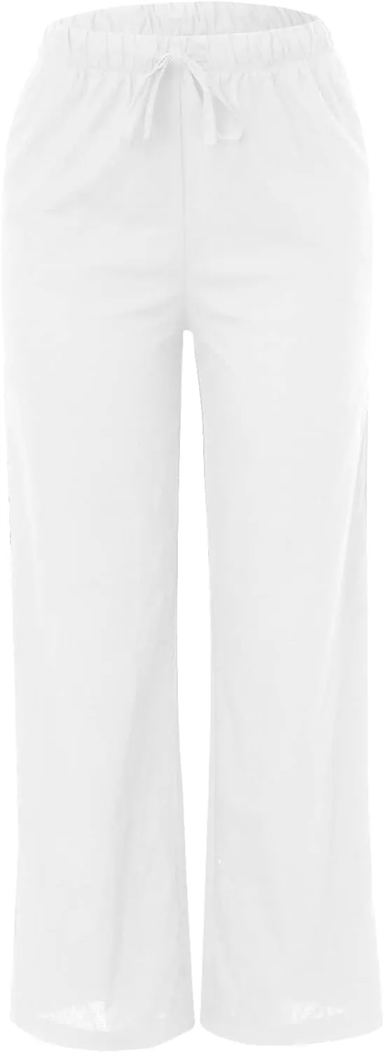 Womens Cotton Linen Summer Palazzo Pants Wide Leg Beach Flowy Trousers Drawstring Elastic Waist Slacks with Pockets