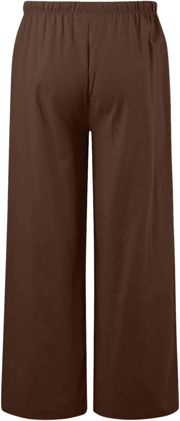 Womens Cotton Linen Wide Leg Palazzo Pants Drawstring Elastic Waisted Casual Summer Beach Flowy Trousers with Pockets
