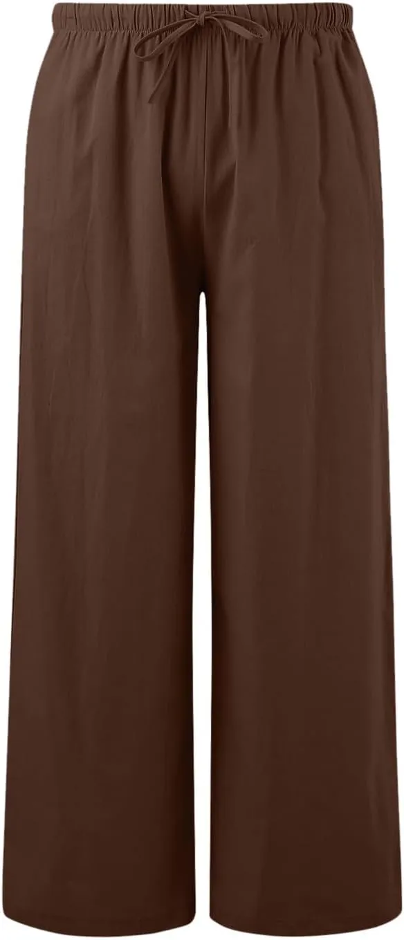 Womens Cotton Linen Wide Leg Palazzo Pants Drawstring Elastic Waisted Casual Summer Beach Flowy Trousers with Pockets